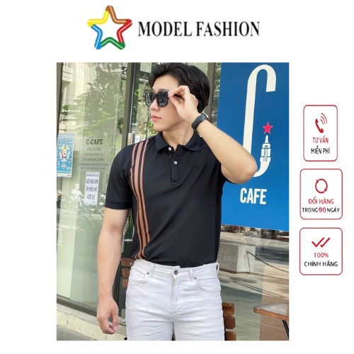 Áo thun polo nam nữ tay ngắn đen sọc nâu dọc hàn quốc Model Fashion
