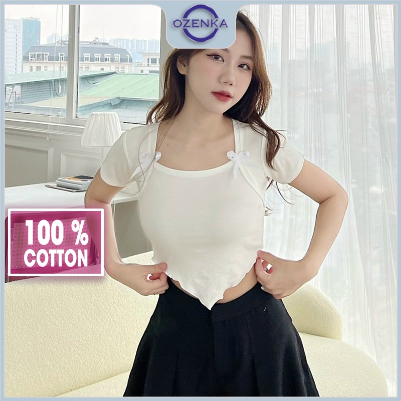 Áo croptop ôm kiểu cổ vuông tay ngắn nữ OZENKA