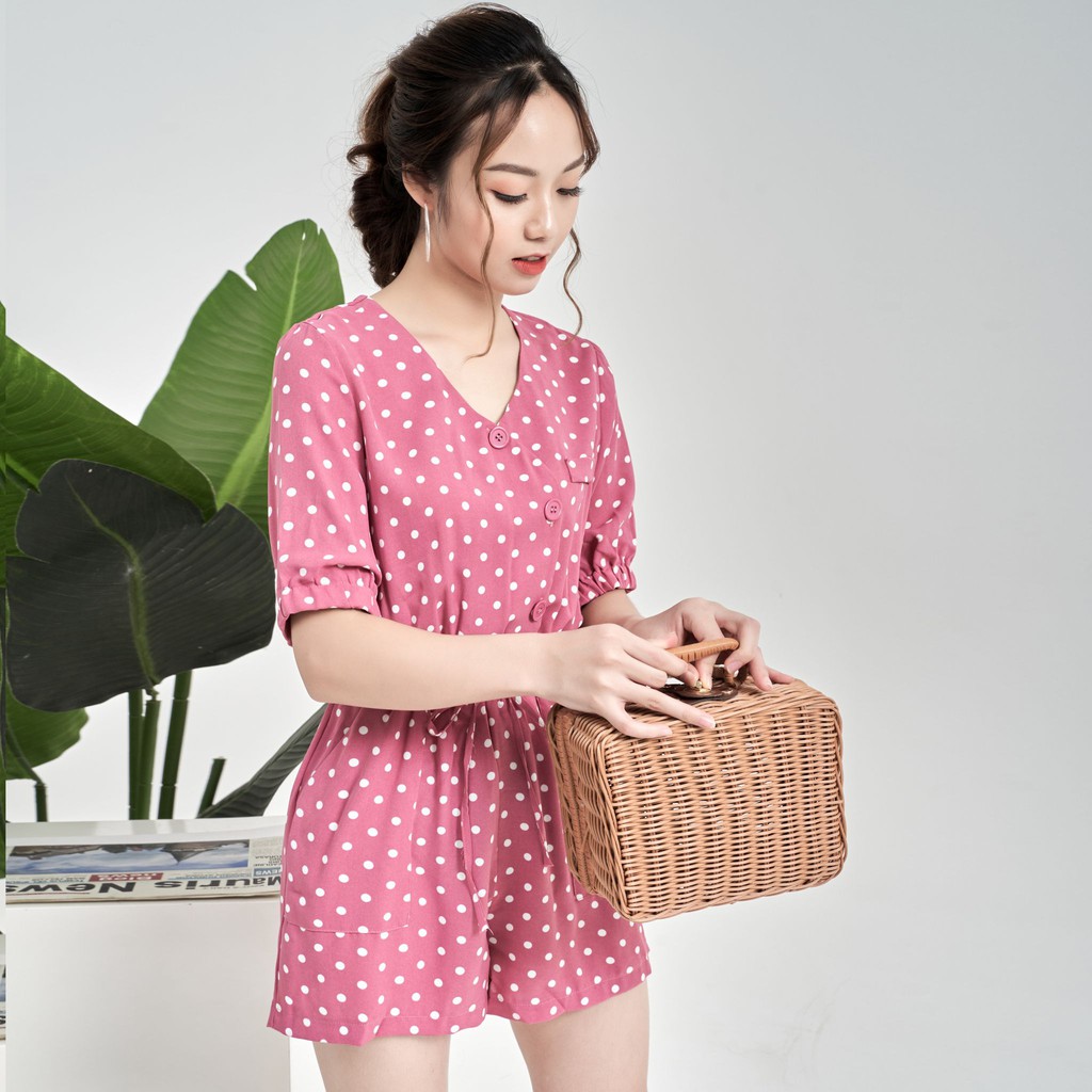 Jum Hồng Chấm Bi Trắng, Jumpsuit Dài Chất Lụa Satin Mềm, Đồ Bộ Nữ Phong Cách Cao Cấp