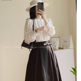 Áo sơ mi viền ren ngọc cổ tàu màu trắng- áo sơ mi công sở nữ 117