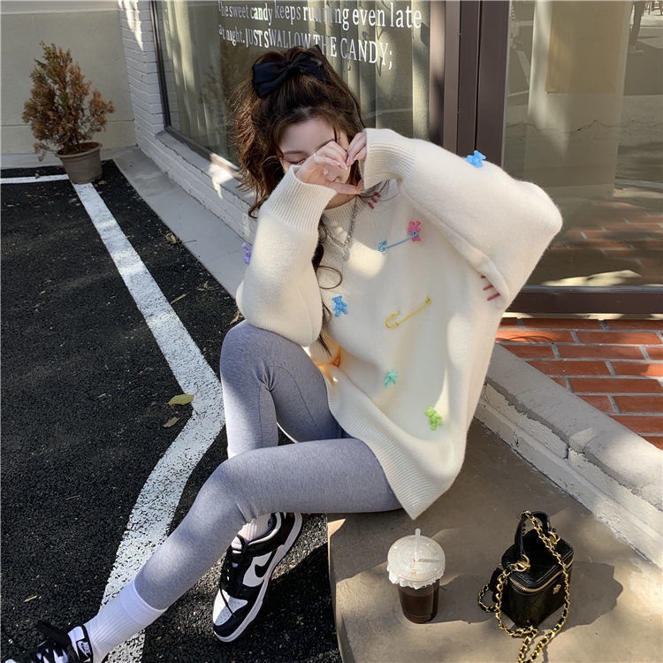 Áo Sweater Dáng Rộng Họa Tiết Gấu Xinh Xắn Dành Cho Nữ  tao bao