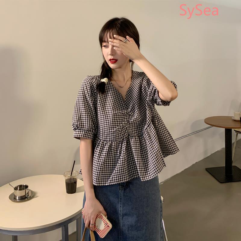 Áo kiểu tay phồng cổ chữ V phong cách Pháp thời trang thanh lịch cho nữ