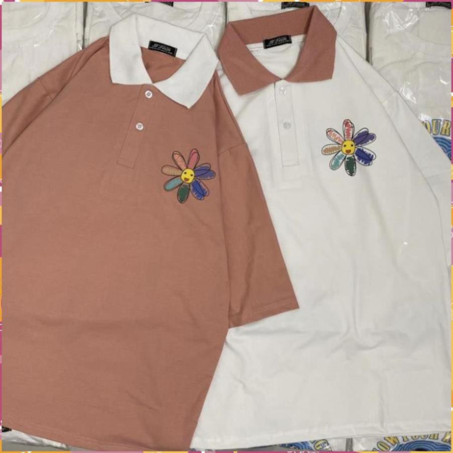 N7 áo thun tay lỡ Unisex, áo phông form rộng, áo polo có cổ in hình hoa cúc