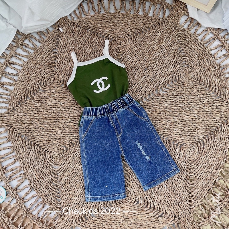 Bộ 2 dây chữ X cá tính quần xuông bò bé gái