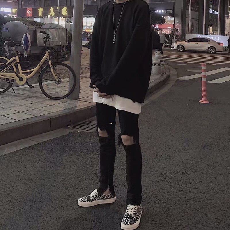 Quần Jean Streetwear Nam Rách Thủng Gối Khoá Zip Ống Dáng Slimfit QJ03P