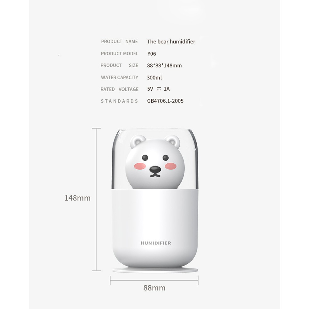 Máy phun sương Fnelse tạo độ ẩm hình gấu dễ thương 300ml có đèn led tiện dụng