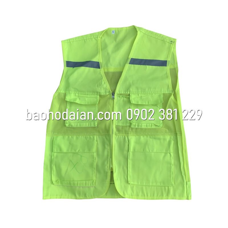 Áo phản quang ghi lê 4 túi vải kaki phối lưới màu xanh chuối