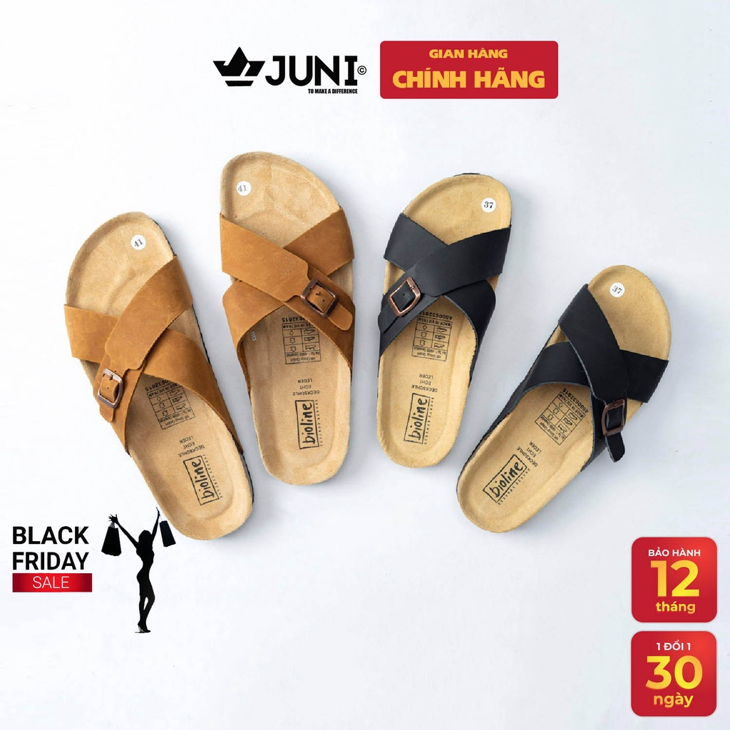 [DA BÒ THẬT] D17-Dép da bò quai chéo Birken Bioline Unisex (Đế trấu) - Juni Store