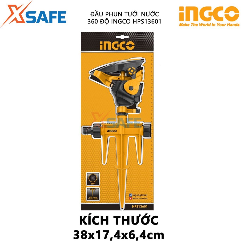 Đầu phun tưới nước 360 độ INGCO HPS13601 -  Chất liệu: ABS + PP, bộ khớp nối 3/4&quot;, 3 ty gài nhựa, có thể xoay 360 °