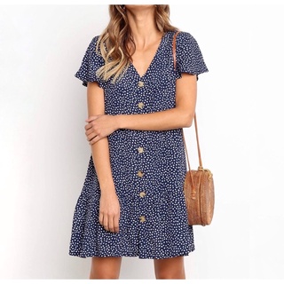 Váy xanh chấm bi cộc tay, màu xanh,đi biển, đi chơi, sexy co giãn tốt, ẢNH THẬT TỰ CHỤP