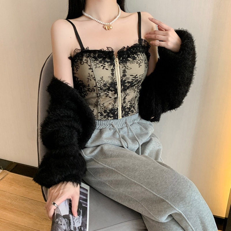 Xiangbao Áo Crop Top Hai Dây Mỏng Phối Ren Có Khóa Kéo Phía Trước Phong Cách Dành Cho Nữ