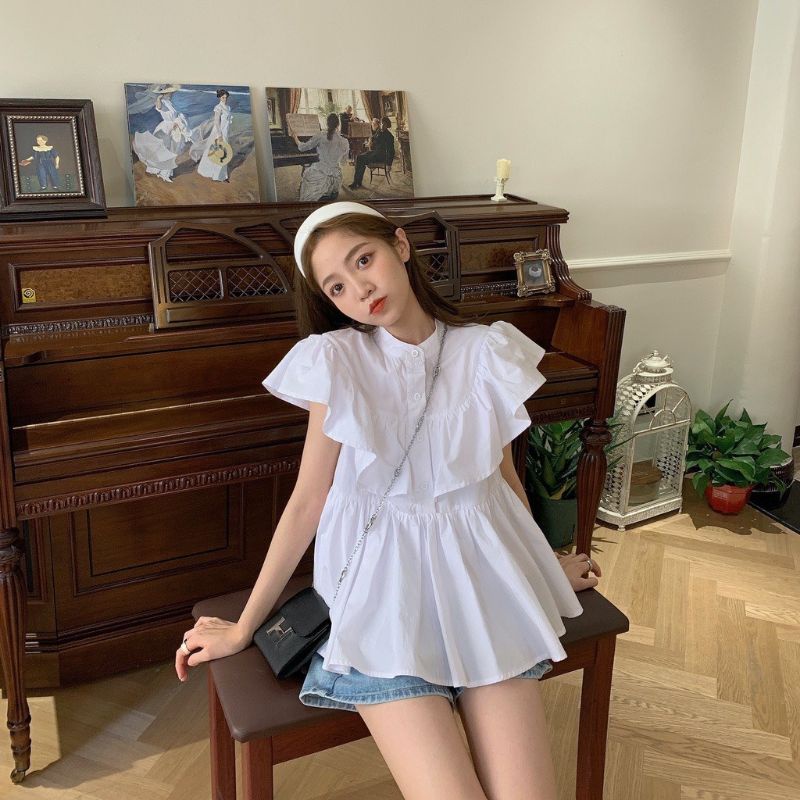 Áo Sơ Bèo Vai Sát Nách Màu Trắng Phong Cách Hàn Quốc