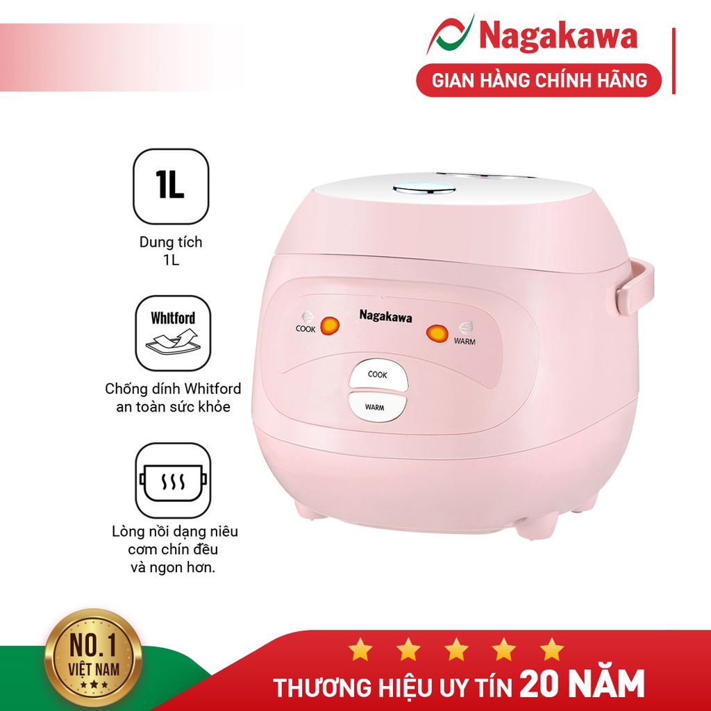 Nồi cơm điện 1L Nagakawa NAG0134 (400W) - 2 chế độ - Lòng nồi dạng niêu chống dính - Bảo hành 12 tháng - Màu: Hồng Trắng