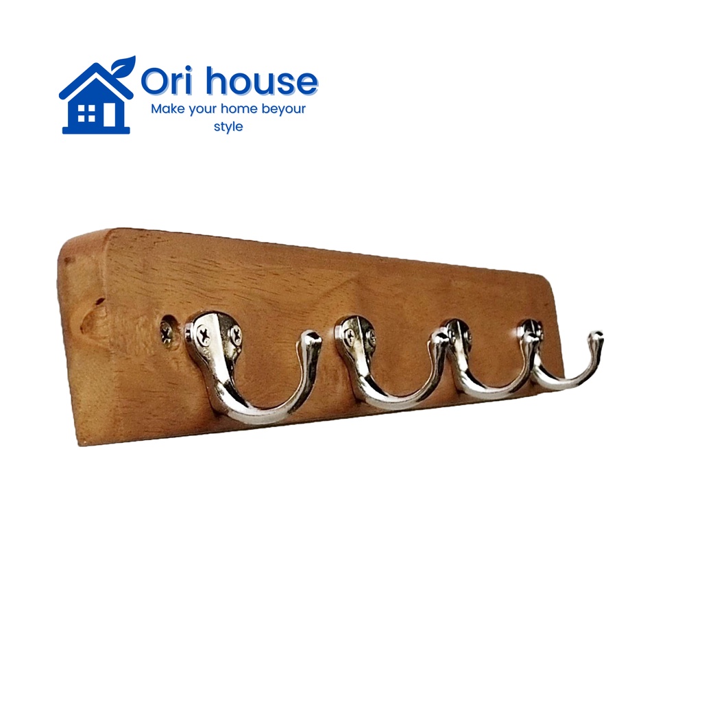 Móc treo quần áo gia đình bảng gỗ cao su gắn tường móc sắt đơn - Ori House