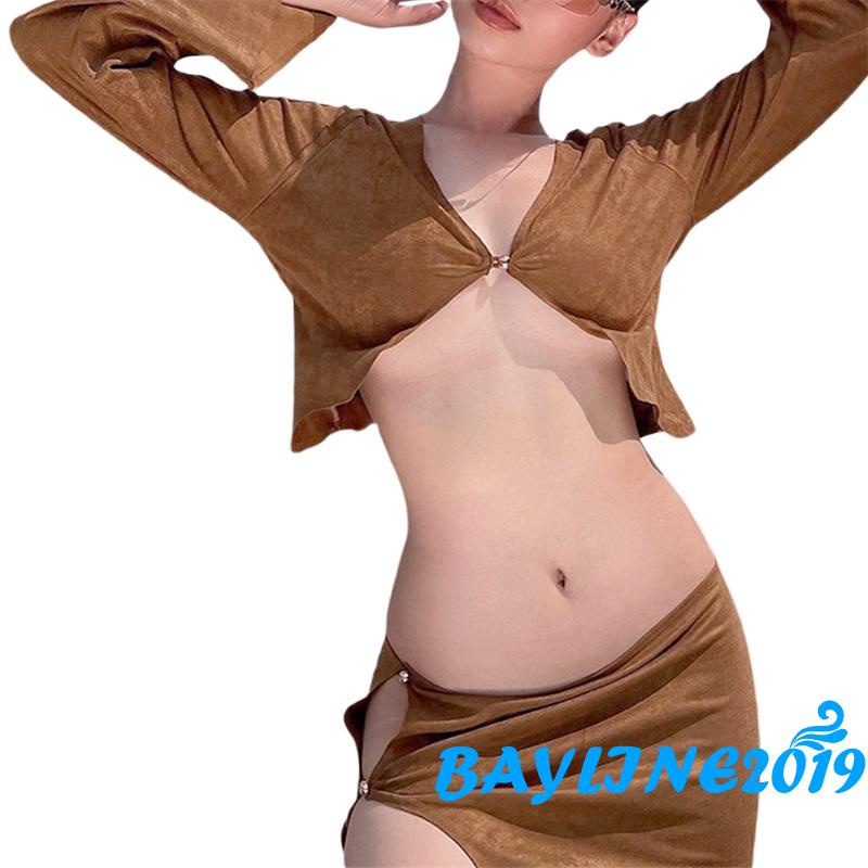 Set áo cardigan tay dài và chân váy bó ngắn eo thấp phối móc khóa thời trang gợi cảm dành cho nữ