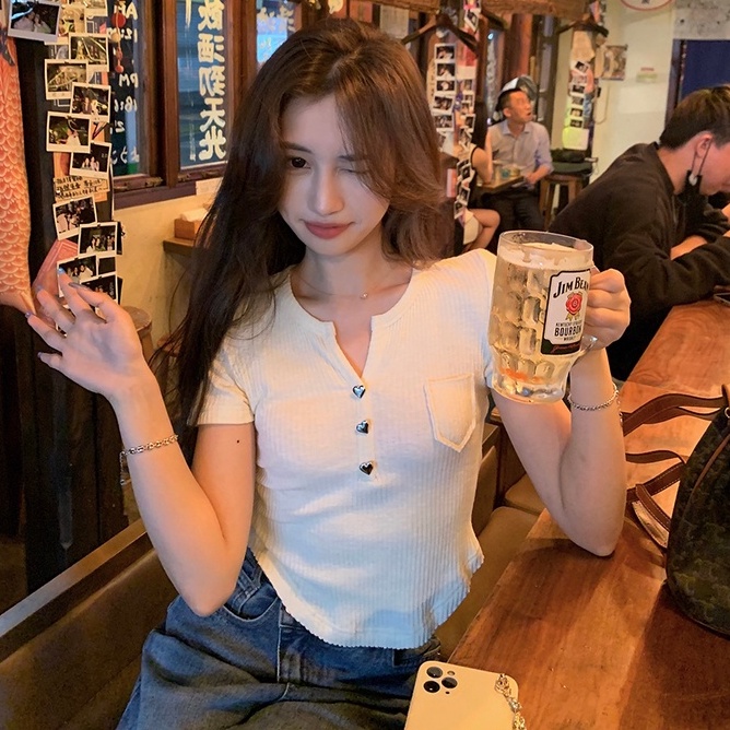 【ZHELIHANGFEI】Áo Len Tay Ngắn Cổ Chữ V Lưng Cao Thời Trang Cho Nữ