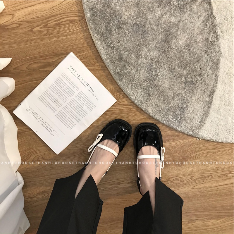 Giày Sandal Nữ Mary Jane Da Bóng Gót Vuông Phối Nơ Thời Trang - SA013