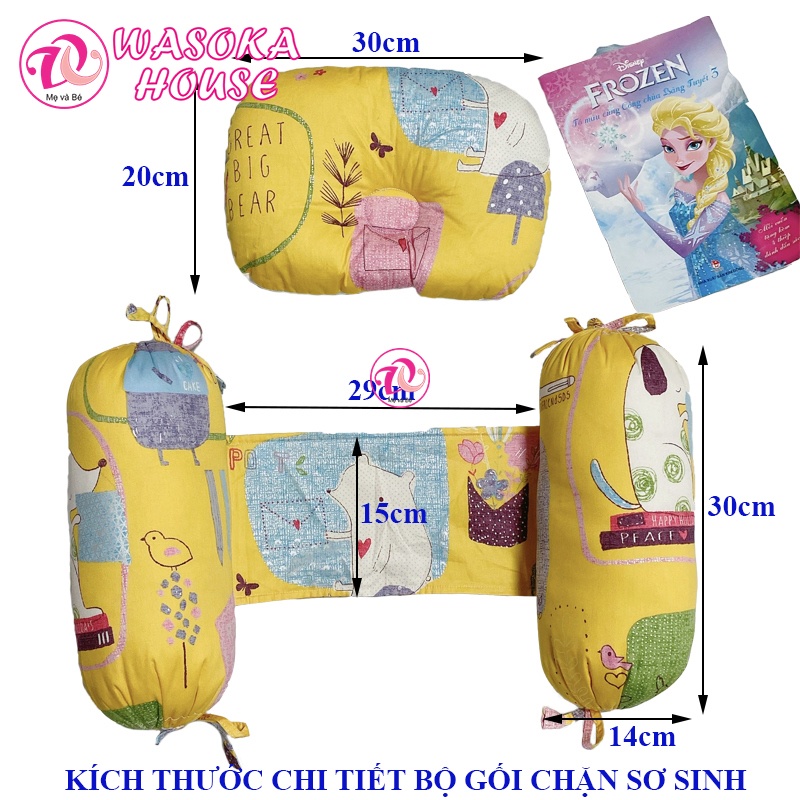 Bộ gối chặn cho bé sơ sinh vải Cotton Satin Hàn Quốc siêu đẹp, gối gòn lông vũ, mềm mát, hoạ tiết hình thú đáng yêu