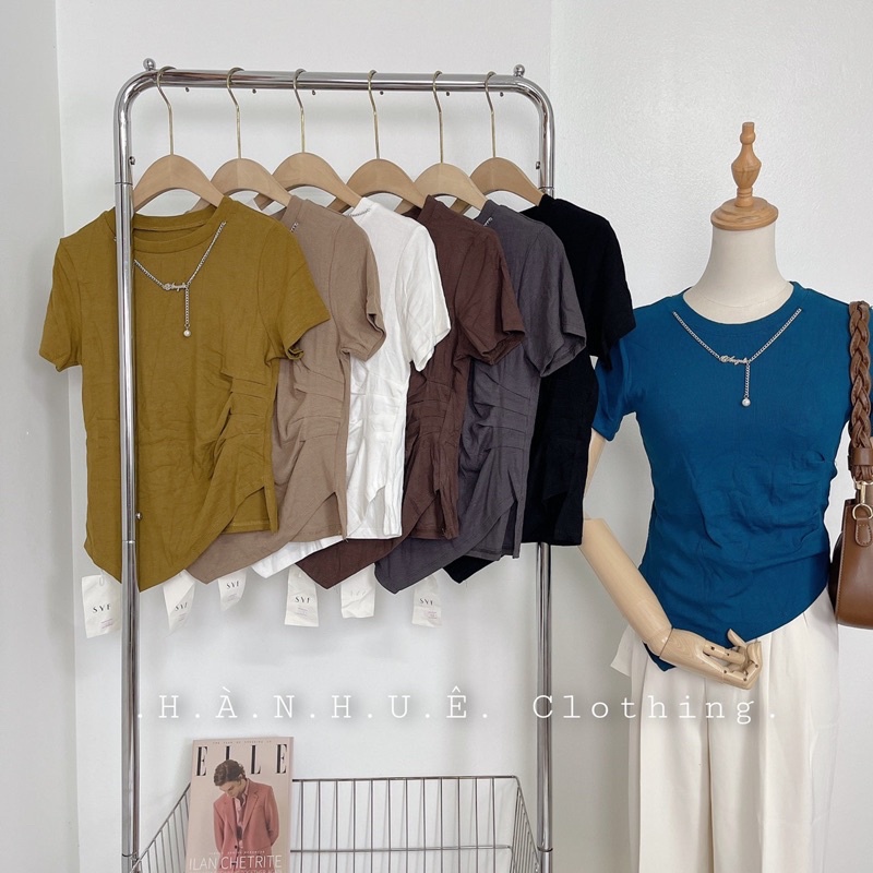 Áo Thun Gân Nữ Quảng Châu Dáng ÔmTay Ngắn Cổ Tròn 8 Màu, Áo dây rút 2 bên kèm phụ kiện đây truyền M1612