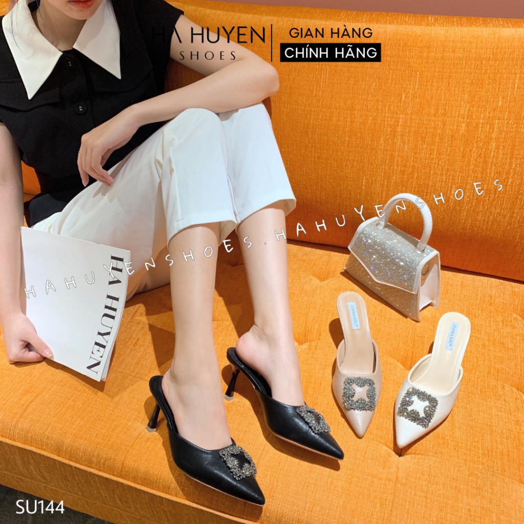 Sục nữ cao gót Hà Huyền Shoes da mũi nhọn đính đá xám gót nhọn 7 phân cao cấp - SU144