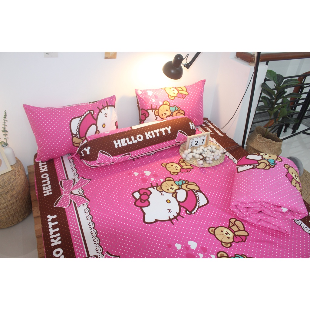 Bộ drap gối 4 món 100% cotton thiên nhiên - Mẫu cho bé Kitty ôm gấu