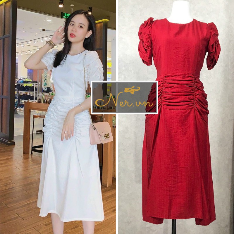 Đầm dài cổ tròn, tay, eo bo nhún cách điệu, siêu dễ thương,sành điệu, Dáng dài kiểu dáng mới 2021, NER- N88