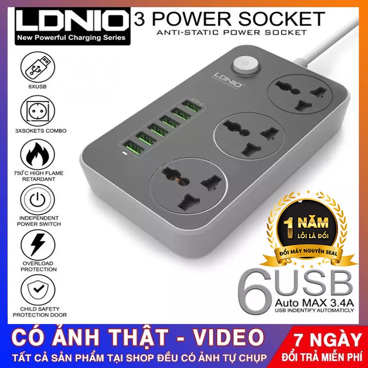 Ổ Cắm Điện Đa Năng LDNIO Thông Minh Tiêu Chuẩn EU - 6 Cổng USB Hỗ Trợ Sạc Nhanh 3.4A Tích Hợp IC Chống Cháy, Nổ, Quá Tải