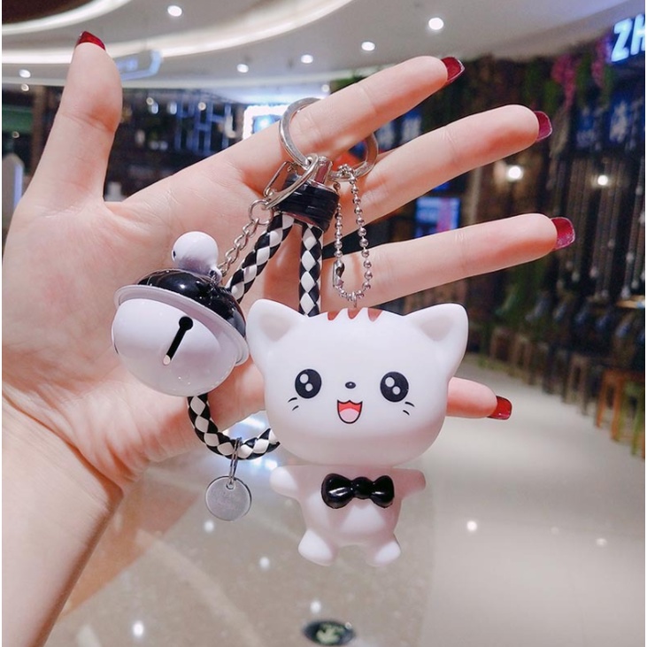 Móc khóa nhân vật hoạt hình mèo nơ đen nơ hồng treo balo xe máy móc khóa quà tặng lưu niệm đáng yêu kèm dây và chuông