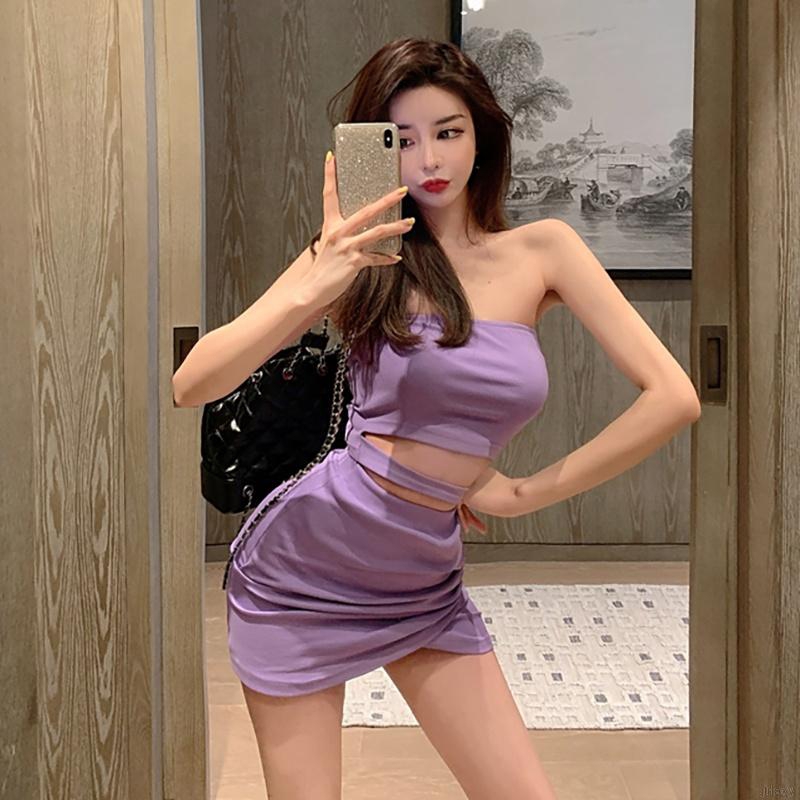 Bộ Áo Ống Khoét Lỗ + Chân Váy Cạp Cao Xinh Xắn Phong Cách Hàn Quốc Cho Nữ