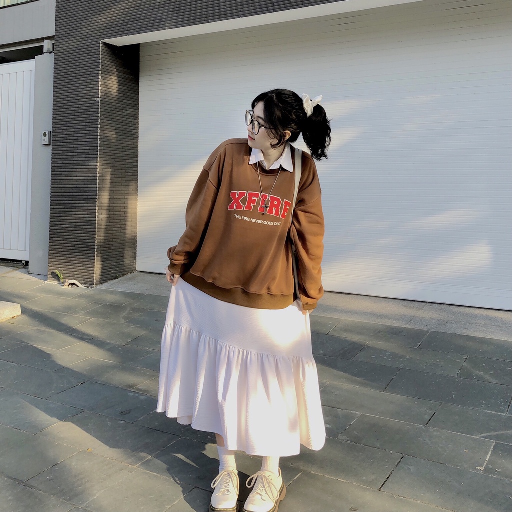 Áo Sweater Nỉ Nam Nữ Tay Phồng Màu Nâu Nỉ Cotton In Lụa Nổi Cao - Local Brand By XFIRE SWEABOXYNICOBR322