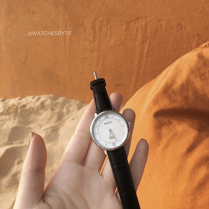 Đồng hồ dây da BASID MẶT ĐÁ đen mặt trắng 2 size nam nữ (size 28mm/38mm)
