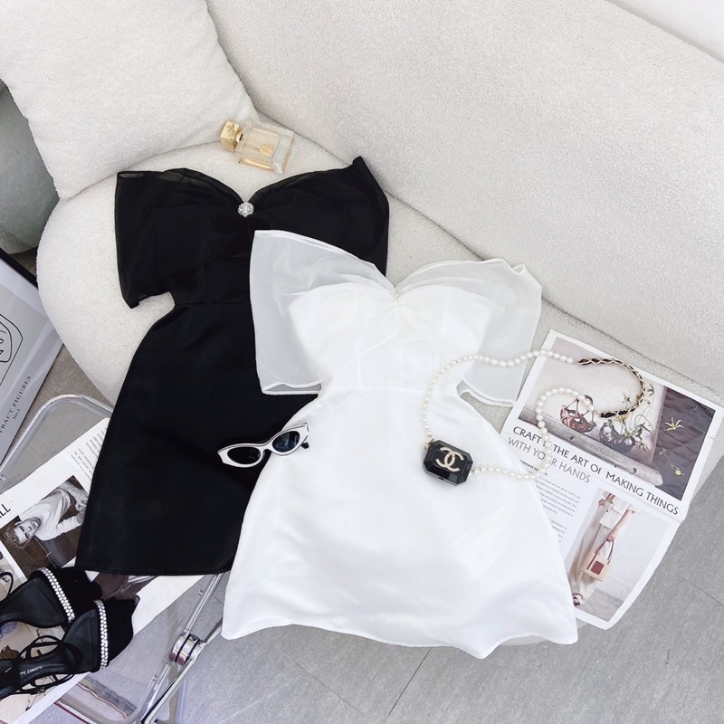 ĐẦM RỚT VAI PHỐI VOAN ĐÍNH ĐÁ HOA