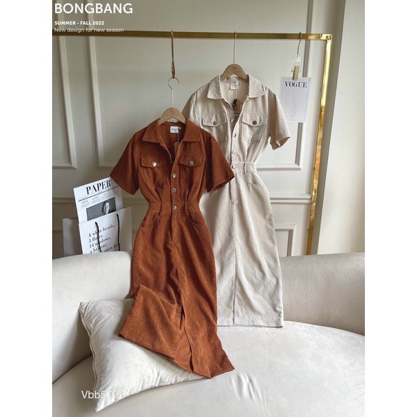 Váy sơ mi nhung tăm dáng dài xẻ trước chun sau sang trọng