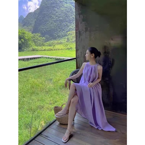 ĐẦM MAXI TÍM CỔ YẾM ĐI BIỂN DU LỊCH SỐNG ẢO HÀNG QUẢNG CHÂU LOẠI ĐẸP