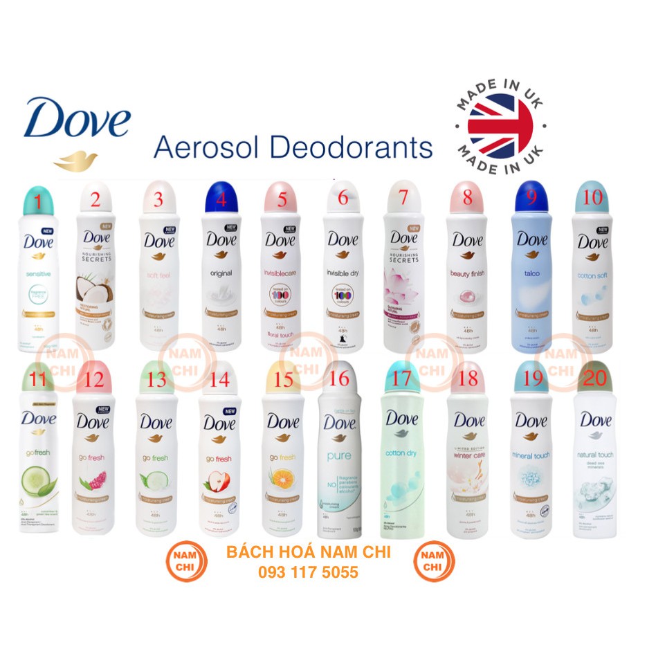 [20 MÙI] Xịt Khử Mùi DOVE GO FRESH Aerosol Deodorants 150ml Hàng Châu Âu Made In UK Thơm Mát Khô Thoáng Cả Ngày Dài