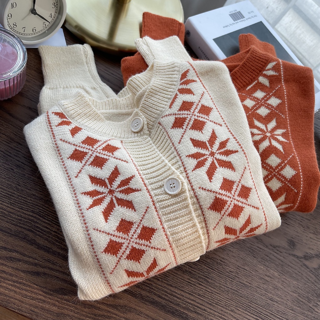 Áo khoác dệt kim tay dài họa tiết lá phong thiết kế mới thời trang dành cho mùa thu