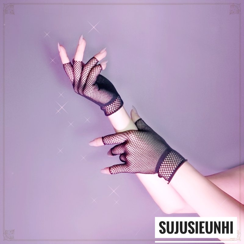 (2 màu) 1 đôi găng tay lưới viền ngắn tới cổ tay hở nửa ngón co giãn phong cách gothic