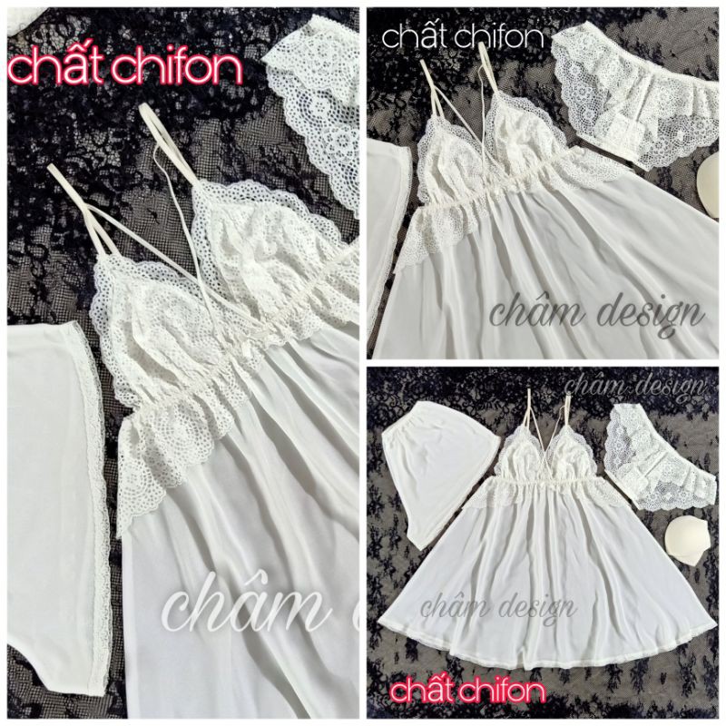 váy ngủ chiffon trắng pha ren xinh có 2 dây chéo ngực, hàng thiết kế độc quyền.(Mã 2dc)