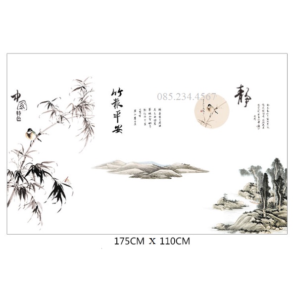 Decal dán tường tranh Phong thủy 3D tre núi TO NHẤT