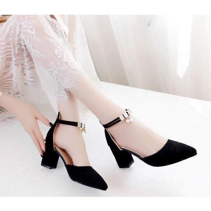 Giày cao gót vuông 7 phân bít mũi vòng cổ hạt châu __Lz026