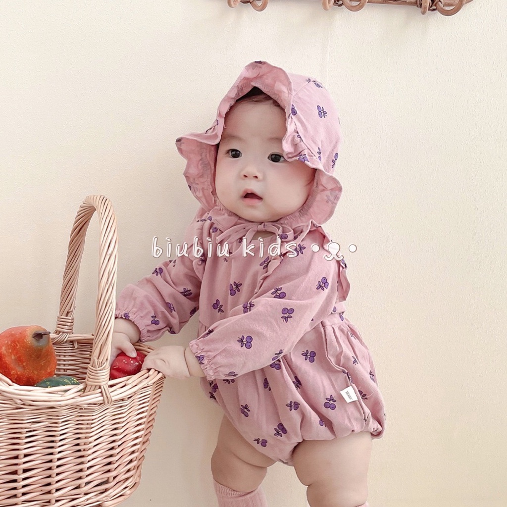 Bộ Áo Liền Quần Tay Dài In Họa Tiết Trái Cây + 1 Mũ Ren Dễ Thương Thời Trang Mùa Hè Cho Bé Sơ Sinh