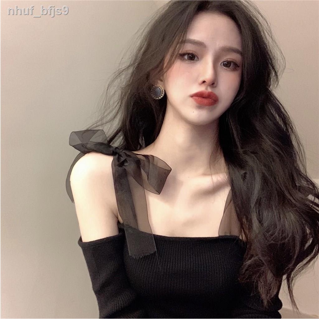 ❧△☁Áo len dài tay trễ vai gợi cảm của phụ nữ mùa thu và đông một bên nơ ngắn dây đeo lưới màu đỏ s