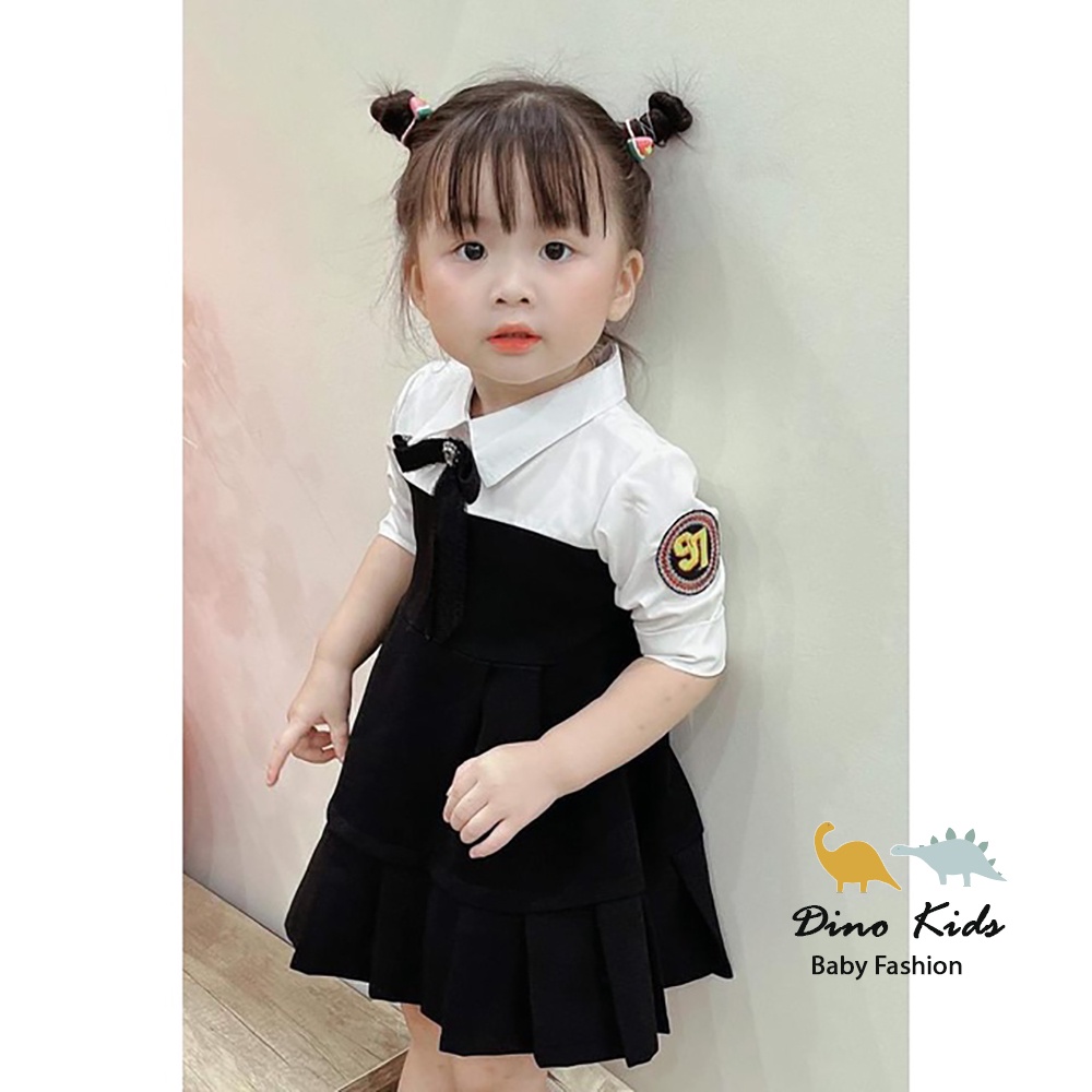 Váy cho bé gái, váy cổ sơ mi phối ngang thân cổ nơ xinh xắn tay huy hiệu tròn số 97 cho bé