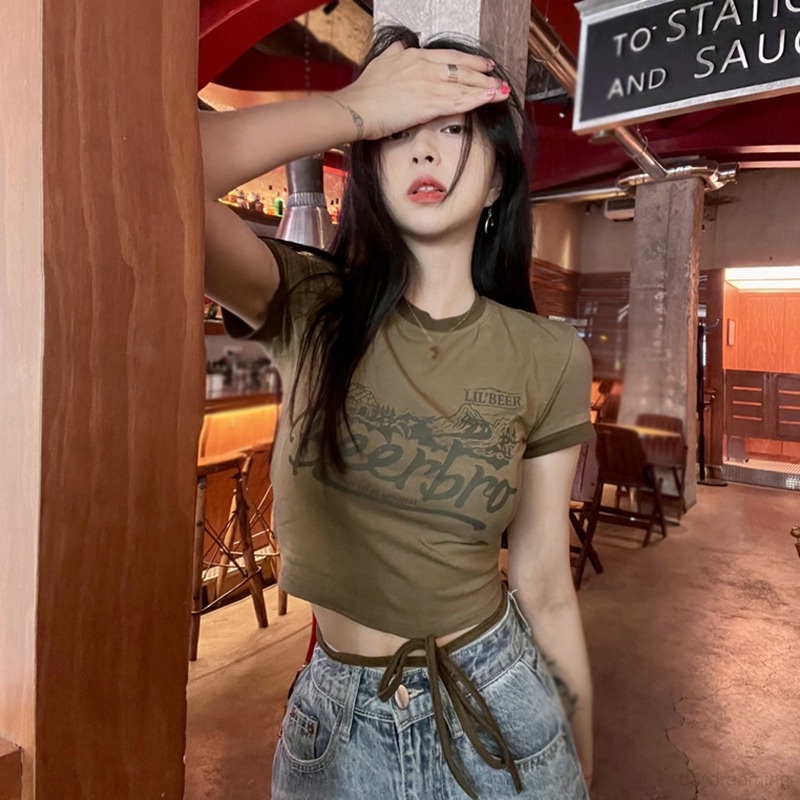 Áo Thun Croptop Tay Ngắn Cổ Tròn In Chữ Phong Cách Hàn Quốc Thời Trang Cho Nữ