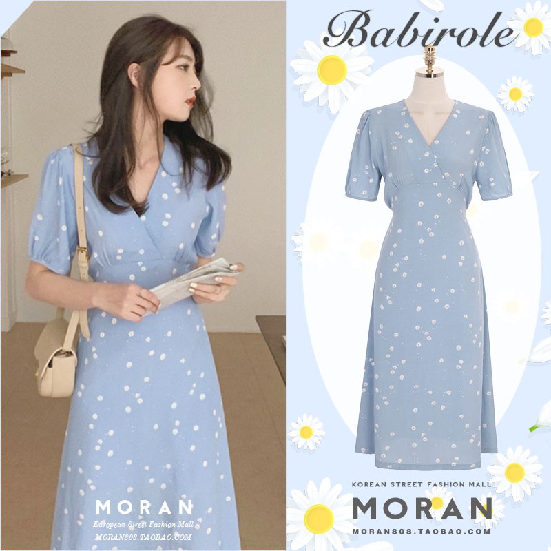 (HÀNG SẴN) Váy MORAN dáng dài cổ V thon eo màu hoa xanh ngọt ngào nhẹ nhàng vintage dịu dàng (NEW ARRIVALS 2020)