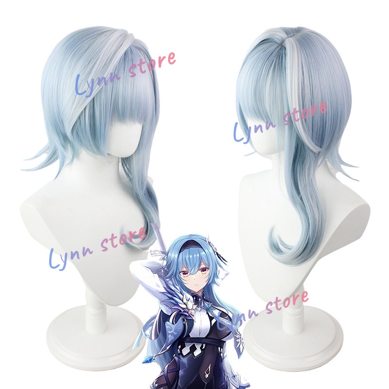 Genshin Impact Eula Cosplay Tóc giả Phụ nữ Màu xanh nổi bật Màu trắng Tóc mai không đều nhau Tóc giả tổng hợp chống nóng Tóc giả