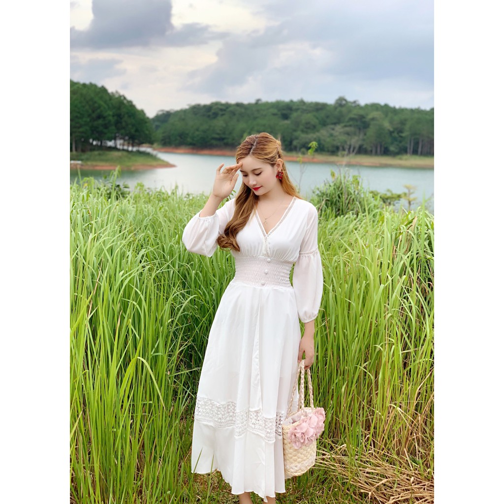 ĐẦM MAXI NHÚN EO PHỐI REN XẺ TÀ