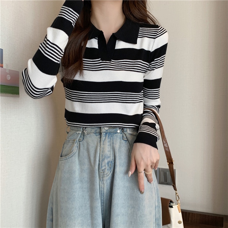 【ZHELIHANGFEI】Áo Thun POLO Dệt Kim Tay Dài Dáng Rộng Họa Tiết Kẻ Sọc Dễ Phối Đồ