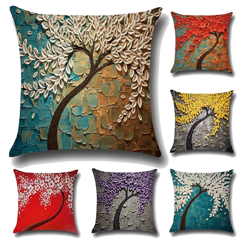 Oil Painting Style Cushion Cover 100% Flax Colorful Trees Flowers Simple Shape Cushions Cover Nordic Simple Brand Pillowcase