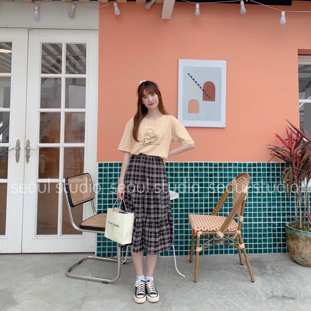 Chân váy kẻ xoè vintage Ms2664